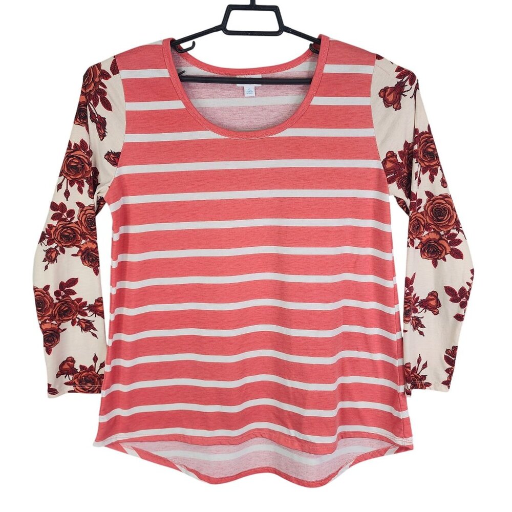Womens Pink LuLaRoe Striped & Floral Top Long Sleeve Round Neck Size XL